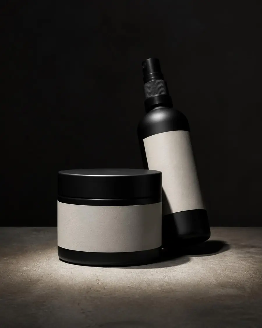 NoonProof Styling Clay jar large in the foreground with the Sea Salt Spray behind it, low three-quarter angle in hard light